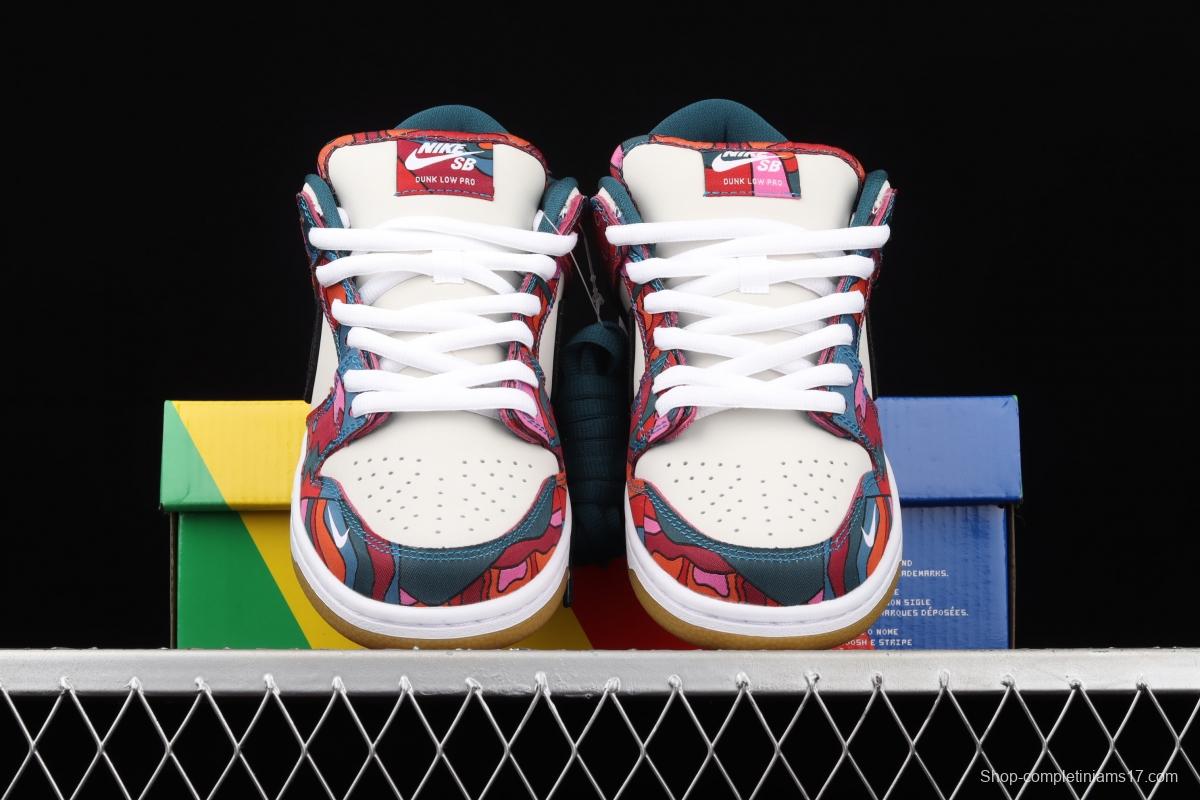 Parra x NIKE DUNK SB Low Pro White, Blue and Red Abstract Art scratch Music Olympic Slam Dunk Series retro low-top leisure sports skateboard shoes DH7695-600