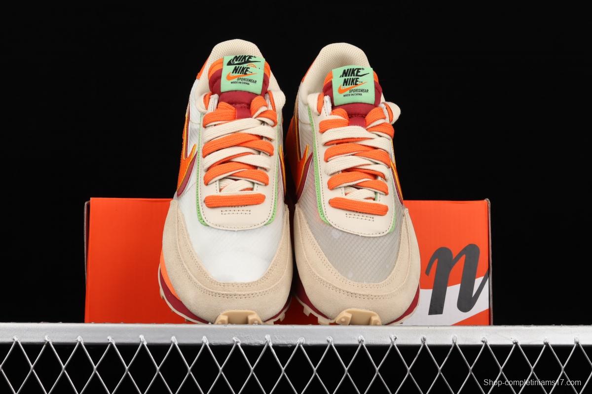 CLOT x Sacai x NIKE LDWaffle Net Orange Blaze joint overlapping design avant-garde waffle deformation rice orange color match casual jogging shoes DH1347-100