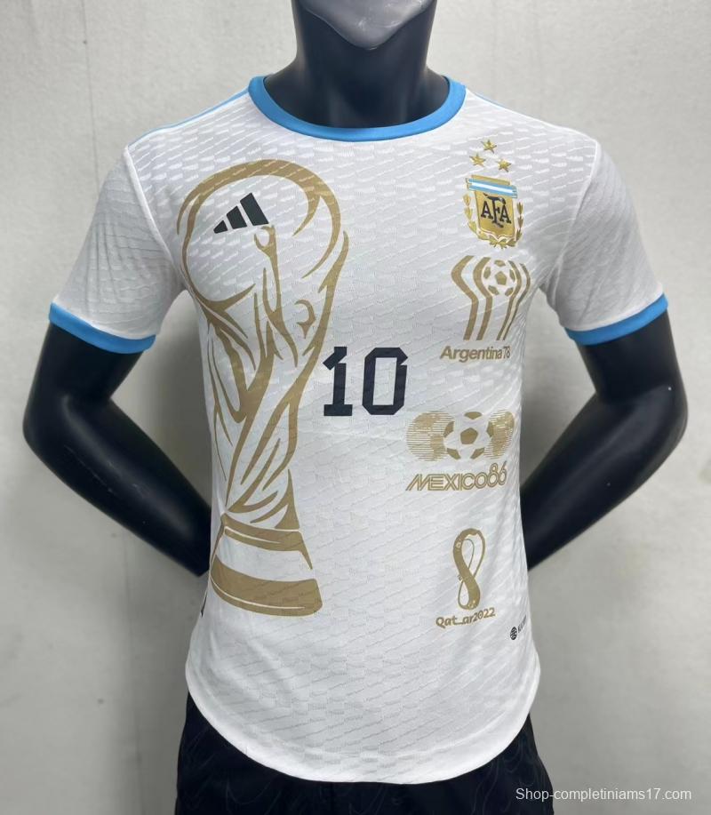 Player Version 3 Stars Argentina White Training Jersey With Number 10 Printing