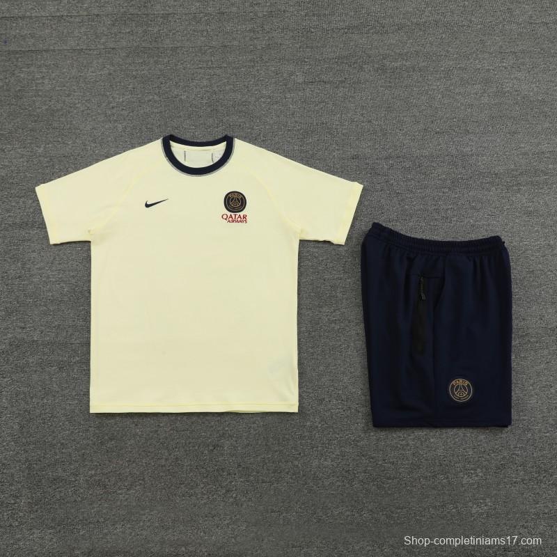 23/24 PSG Light Yellow Cotton Short Sleeve Jersey+Shorts