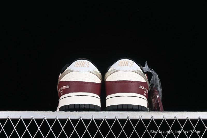 Louis Vuitton x Nike Dunk Low Customized Sneakers - Burgundy with Silver Swoosh SB Low Top Casual Skate Shoes - FC1688-188
