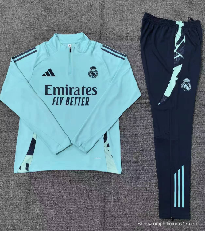 24/25 Kids Real Madrid Lake Blue Half Zipper Jacket+Long Pants