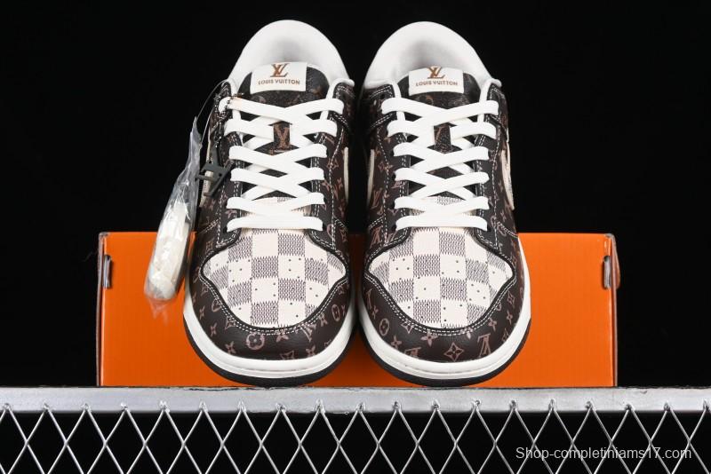 Nike SB Dunk Low LV Collaboration - Checkerboard Brown Monogram White Swoosh Anniversary High-End Custom Low-Top Casual Skate Shoes - SJ2068-255