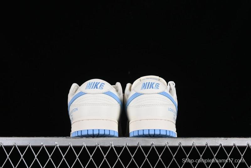 Nike SB Dunk Low LV Collaboration - Beige Blue Double Swoosh Print Anniversary Custom Low-Top Casual Sneakers - CF3688-005