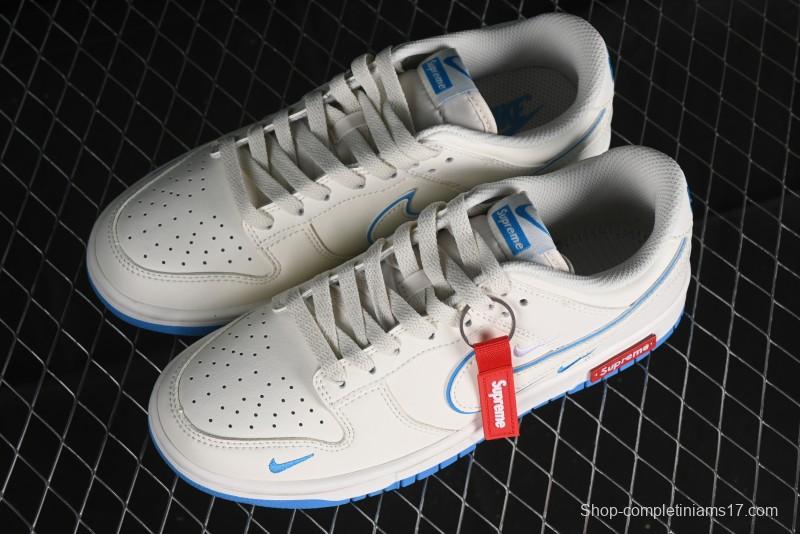 Nike SB Dunk Low Supreme Collaboration - Cream White with Sky Blue Swoosh Anniversary Customized Low-Top Casual Skate Shoes - DJ2024-012