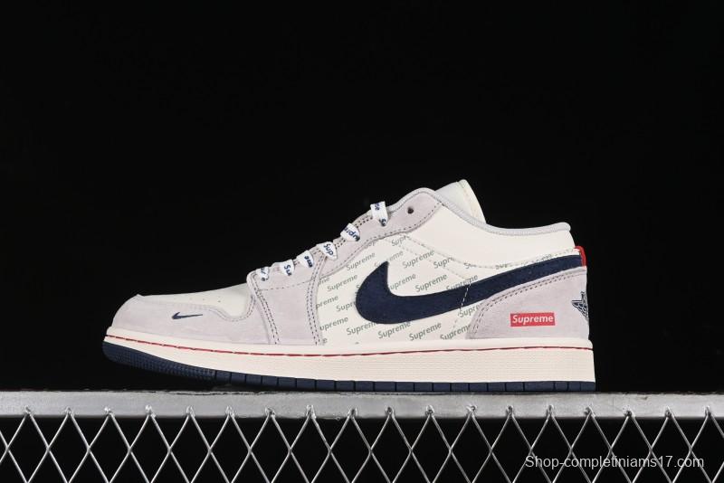 Nike Air Jordan 1 Low Supreme Collaboration - Pig Grey Print Custom Retro Basketball Shoes - LJ6688-009