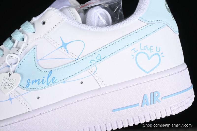 Nike Air Force 1 '07 Low Anime LOVE Series White Blue Spray Paint Casual Sneakers - CW2288-111