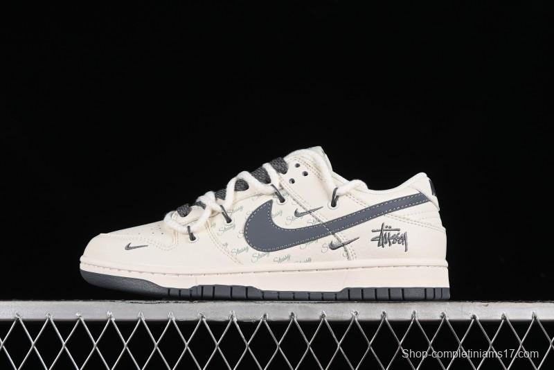 Stussy x Nike Dunk Low SB Sneakers in Off-White and Gray with Stussy S Titanium Accessory - SJ2068-275