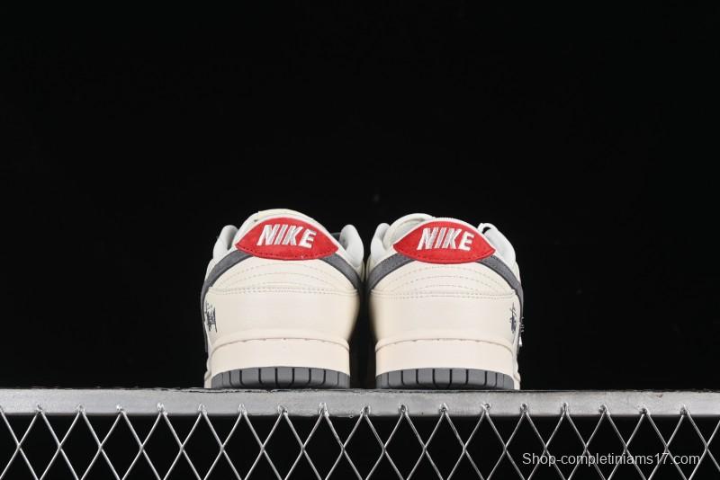 Nike SB Dunk Low Stussy Collaboration - Grey Pigskin Red Tail Anniversary High-End Custom Low-Top Casual Skate Shoes - XY2025-015