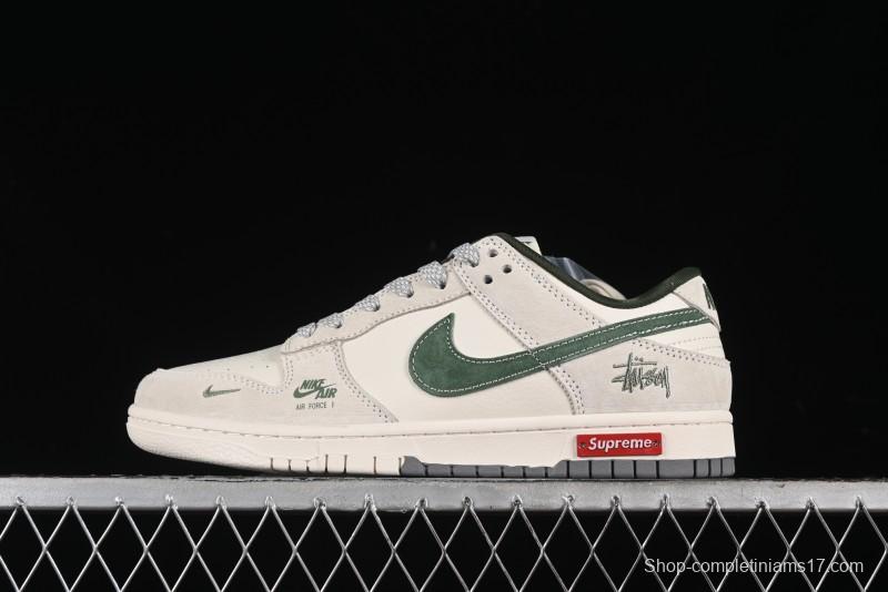 Nike SB Dunk Low Supreme x Stussy Triple Collaboration - Off White Green Swoosh Anniversary Custom Low-Top Casual Sneakers - SJ2068-303