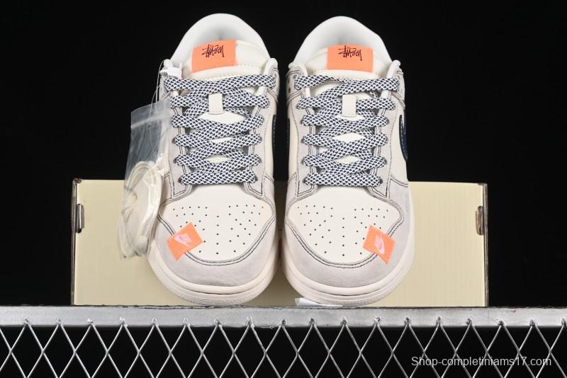 Nike SB Dunk Low Stussy Collaboration - Patchwork Grey White Dark Blue Swoosh Anniversary Custom Low-Top Casual Skate Shoes - MM1089-025