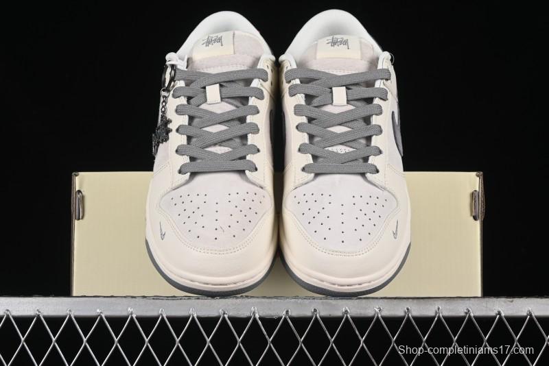 Nike SB Dunk Low Stussy Collaboration - Grey Pigskin Red Tail Anniversary High-End Custom Low-Top Casual Skate Shoes - XY2025-015