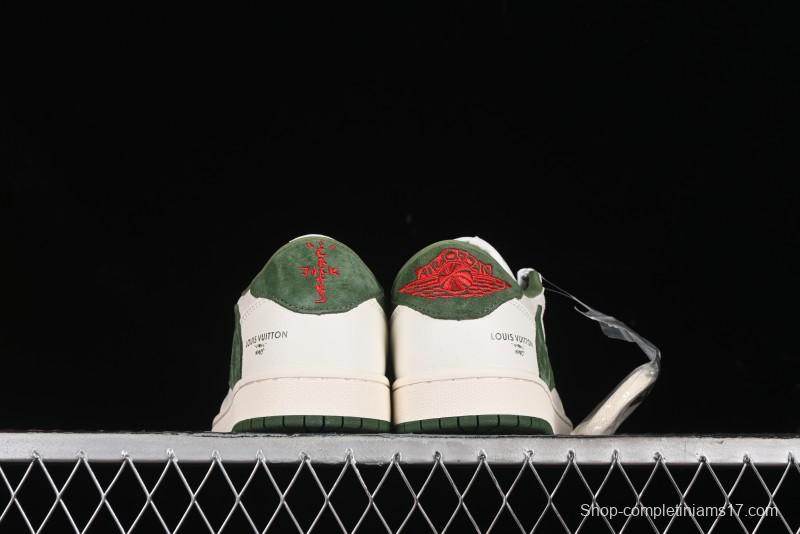 Nike Travis Scott x Fragment Design x Air Jordan 1 Low OG SP AJ1 LV Collaboration - Grey Green Pigskin Low Top Casual Sneakers - XZ1268-005