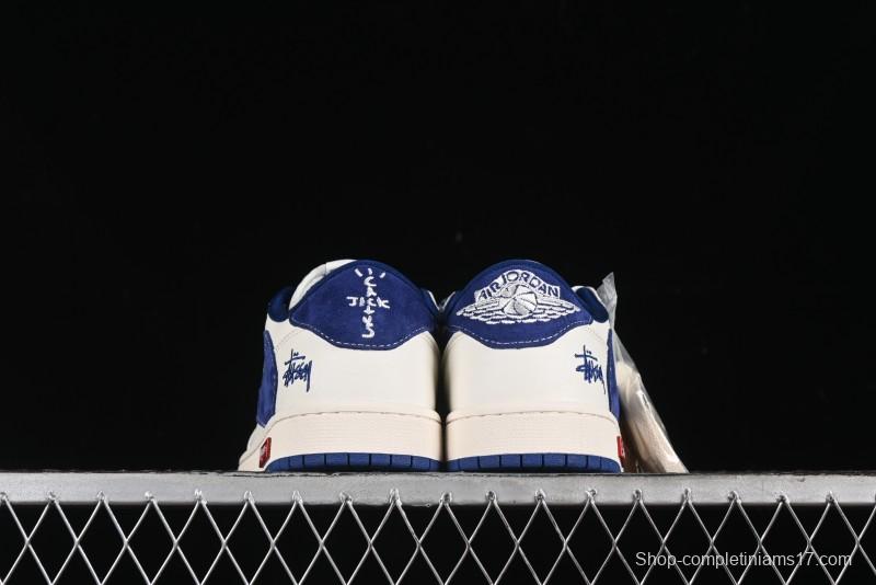 Nike Travis Scott x Fragment Design x Air Jordan 1 Low OG SP AJ1 Supreme Stussy Collaboration - Suede Blue Swoosh Low-Top Casual Sneakers - SJ2068-127