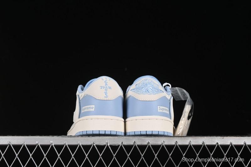 Nike Travis Scott x Fragment Design x Air Jordan 1 Low OG SP AJ1 Supreme Collaboration - White Blue Lettering Low Top Casual Sneakers - XY2688-116
