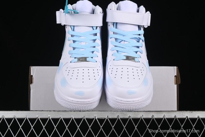 Nike Air Force 1 '07 Mid Light Blue Hand-Painted Cracked Three Stripes Shadow Mid-Top Casual Sneakers - CW2289-111