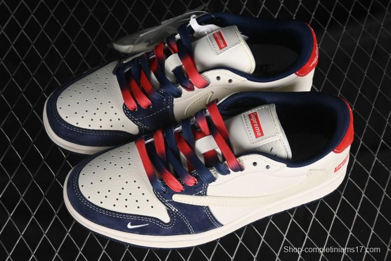 Nike Travis Scott x Fragment Design x Air Jordan 1 Low OG SP AJ1 Supreme Collaboration - Deep Blue Red Culture Casual Sneakers - XY2688-122
