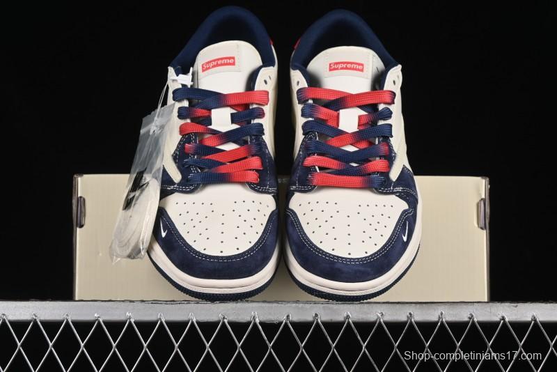Nike Travis Scott x Fragment Design x Air Jordan 1 Low OG SP AJ1 Supreme Collaboration - Deep Blue Red Culture Casual Sneakers - XY2688-122
