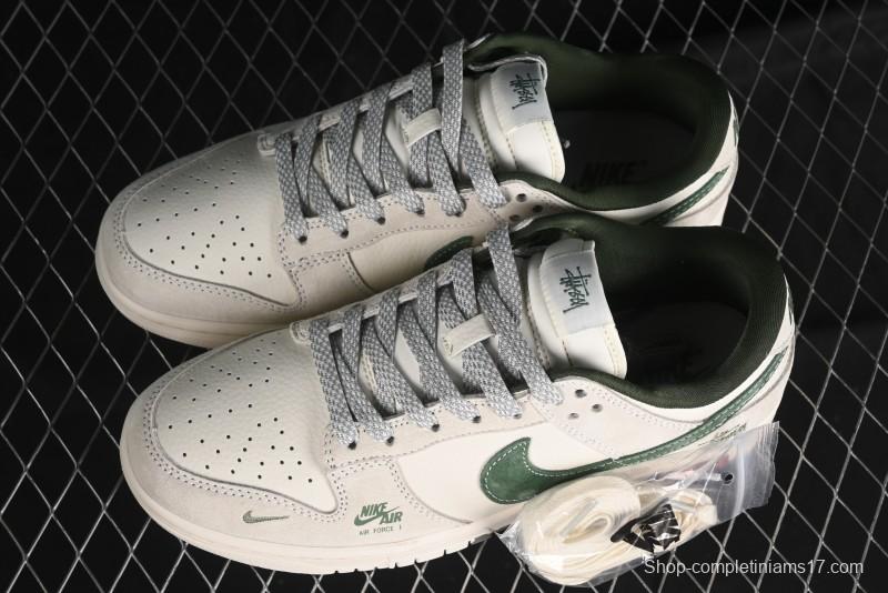 Nike SB Dunk Low Supreme x Stussy Triple Collaboration - Off White Green Swoosh Anniversary Custom Low-Top Casual Sneakers - SJ2068-303