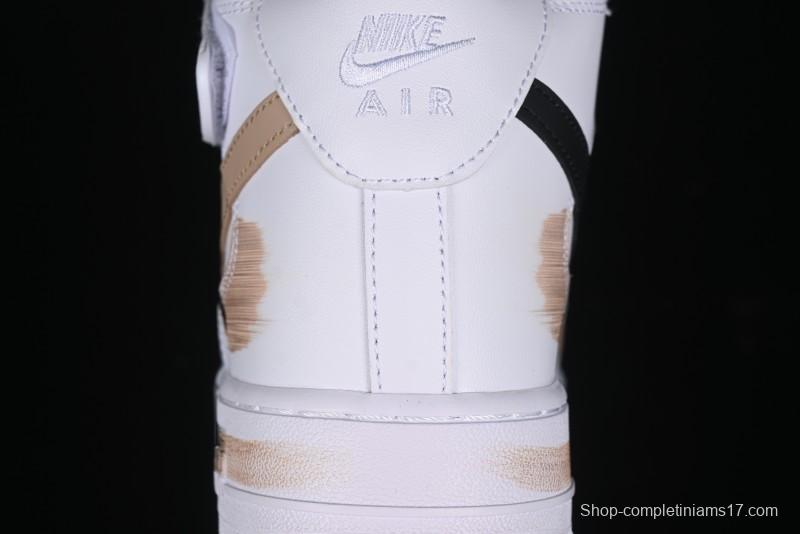 Nike Air Force 1 '07 Mid Hand-Painted White Black Brown with Swoosh Shadow Strap Mid-Top Casual Sneakers - CW2289-111
