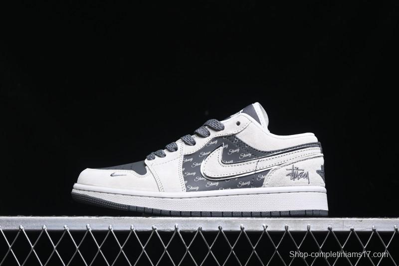 Nike Air Jordan 1 Low Stussy Collaboration - Grey Pigskin Black Base Retro Basketball Shoes - XX3318-968