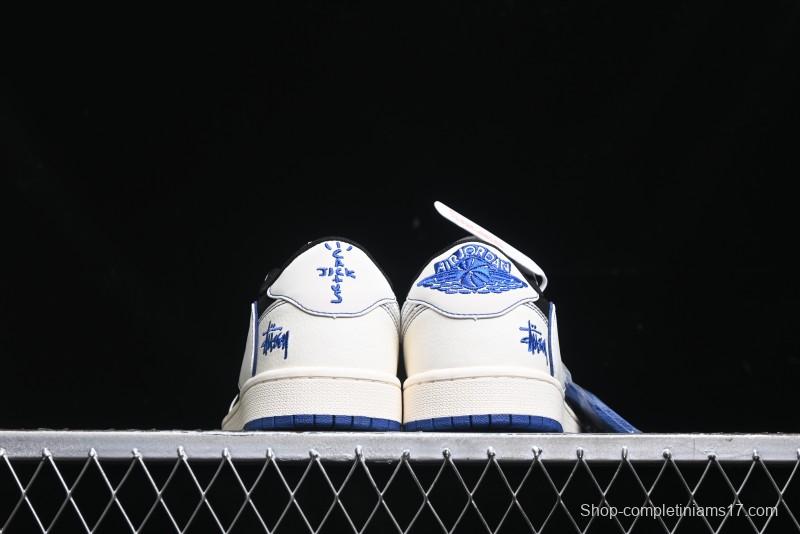 Nike Travis Scott x Fragment Design x Air Jordan 1 Low OG SP AJ1 Stussy Collaboration - Black Blue Line Low Top Casual Sneakers - SJ2068-113