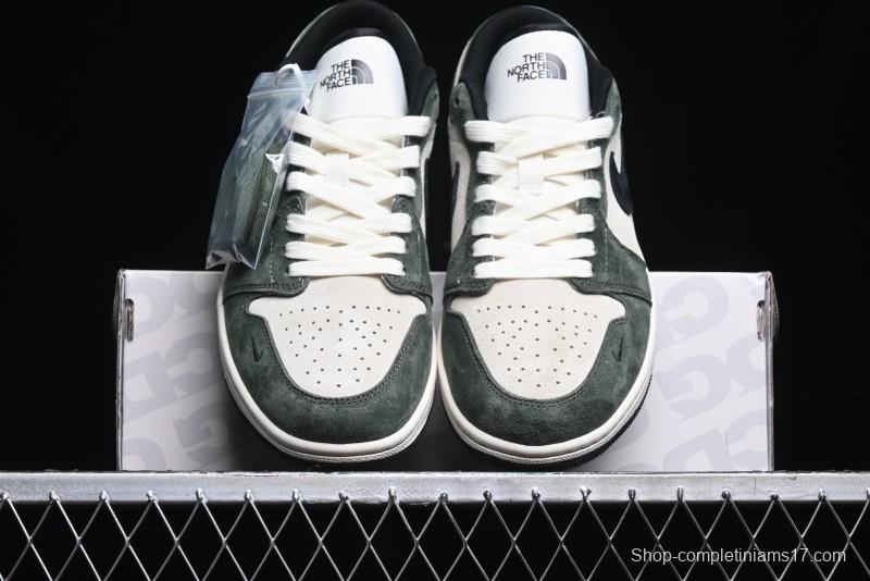 Nike Air Jordan 1 Low AJ1 The North Face Collaboration - Custom Premium Pigskin Dark Green Retro Basketball Shoes - DM9188-004