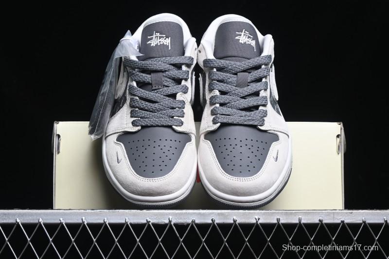 Nike Air Jordan 1 Low Stussy Collaboration - Grey Pigskin Black Base Retro Basketball Shoes - XX3318-968
