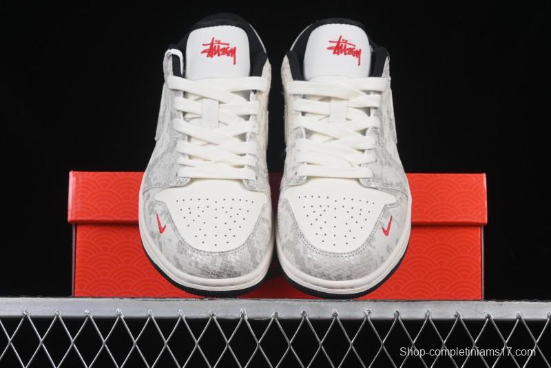 Nike Air Jordan 1 Low Retro Basketball Shoes - Stussy Grey Snake Custom - FC1688-200