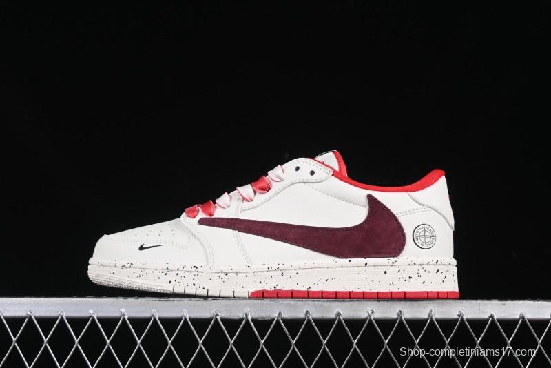 Nike Travis Scott x Fragment Design x Air Jordan 1 Low OG SP AJ1 Stone Island Collaboration Pomegranate Red Low-Top Casual Sneakers - CF3688-077