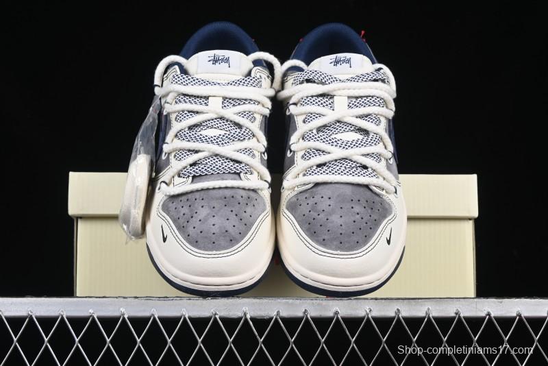 Nike SB Dunk Low Stussy Collaboration Anniversary Custom Low-Top Casual Sneakers with Strap in Beige Grey and Navy - YX5066-236