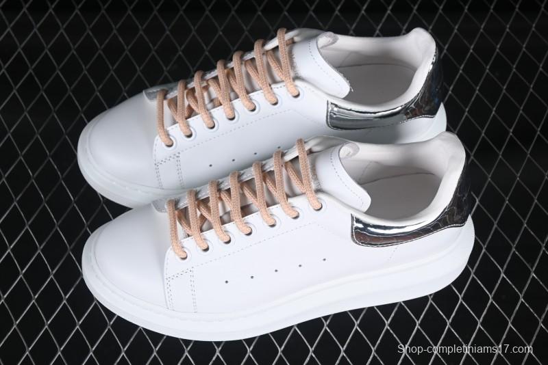 Alexander McQueen Oversized Sneakers with Mirror Silver Heel - White Leather Lace-Up Shoes