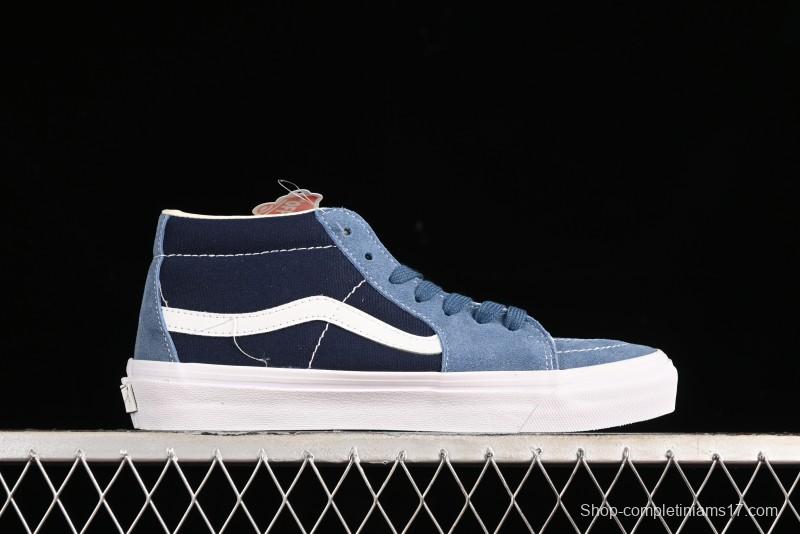 Vans Sk8-Mid Reissue 83 High-End Retro Skate Shoes with Blue Patchwork Suede - VN000CQQDWR