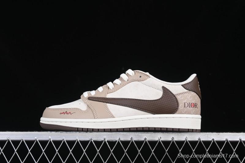 Nike Travis Scott x Fragment Design x Air Jordan 1 Low OG SP AJ1 Snake Year Limited Brown Snake Print Low Top Casual Sneakers - DM7866-074