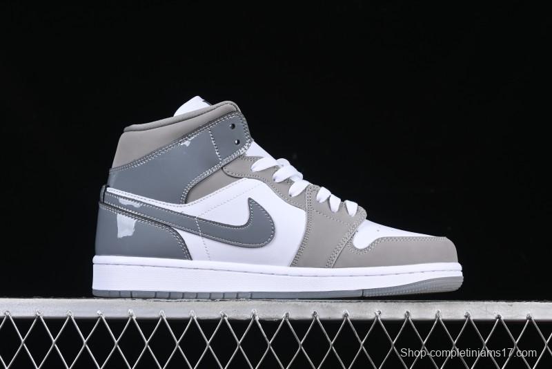 Nike Air Jordan 1 Mid AJ1 High-Top Basketball Shoes in White Grey Patent Leather - HF3216-100