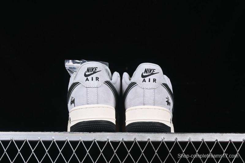 Nike Air Force 1 '07 Low Stussy Collaboration Grey Pigskin Black Swoosh Low-Top Casual Sneakers - XZ3318-099