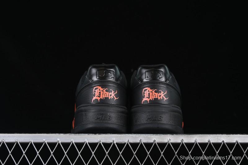 NY Yankees Black Leather Sneakers – Bold Orange Logo Edition