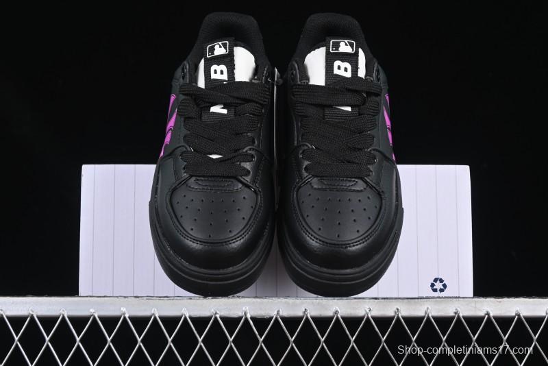NY Yankees Black Leather Sneakers with Bold Pink Logo