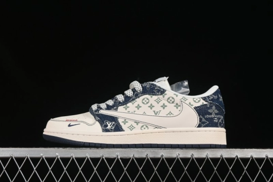 Nike Travis Scott x Fragment Design x Air Jordan 1 Low OG SP Casual Sneakers with Blue Denim - YX5066-326