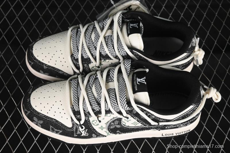 Nike SB Dunk Low LV Collaboration Strap Black Denim Print Anniversary High-End Custom Low-Top Casual Skate Shoes - YX5066-320