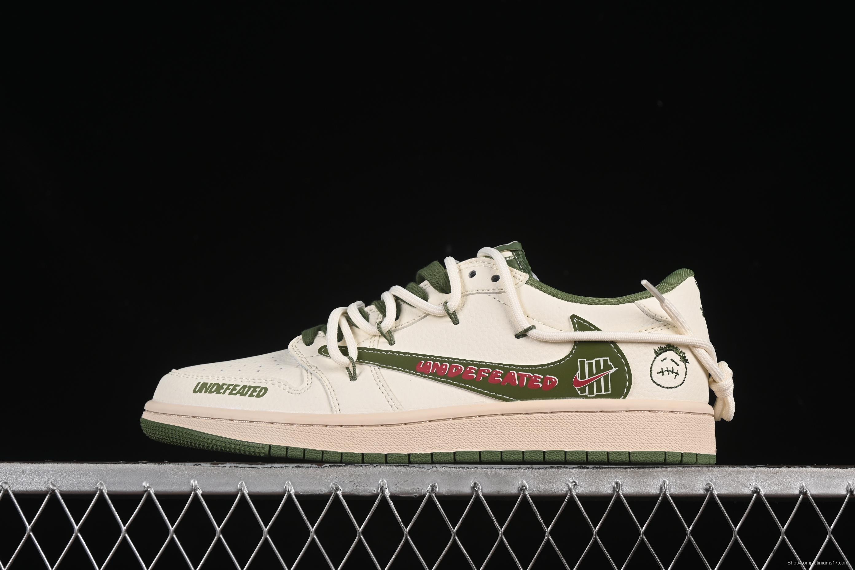 Nike Travis Scott x Fragment Design x Air Jordan 1 Low OG SP AJ1 UN Collaboration Green Swoosh Lace-Up Low-Top Casual Sneakers - DM6868-097