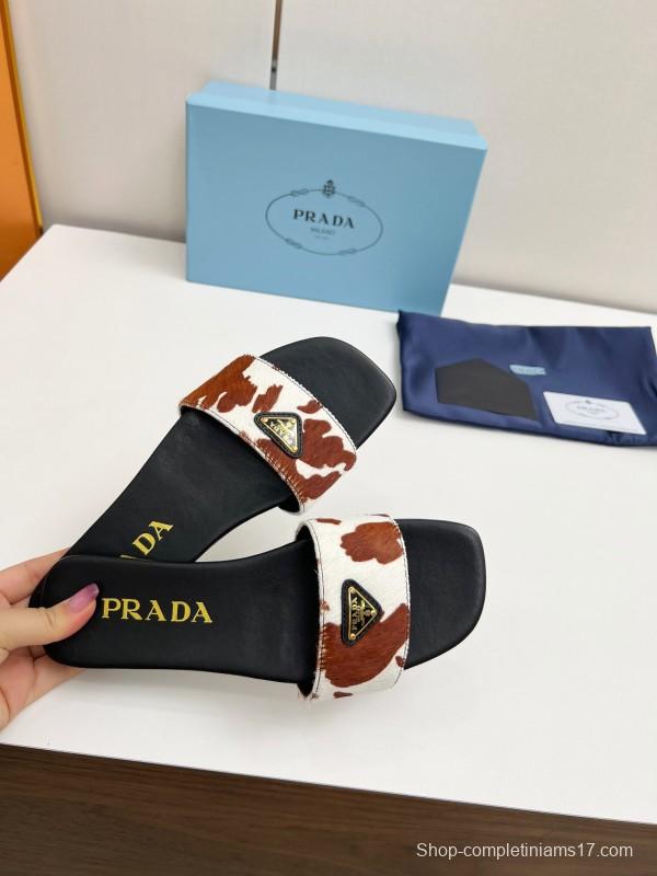 2025 Women Prada Brown White Calf Hair Leather Slippers LY00220