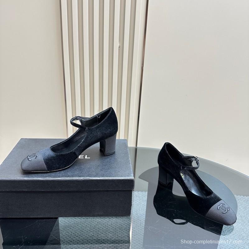 2025 Women Chanel Black Velvet Leather Mary Jane CC Logo KFY00290