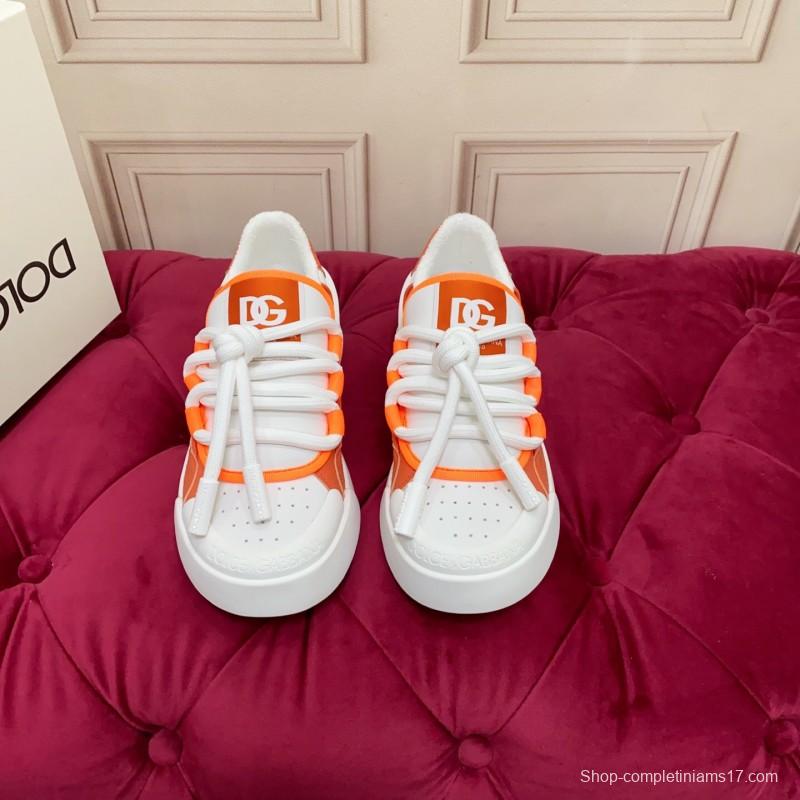 2025 Unisex Dolce & Gabbana Orange White Mesh Leather Sneakers