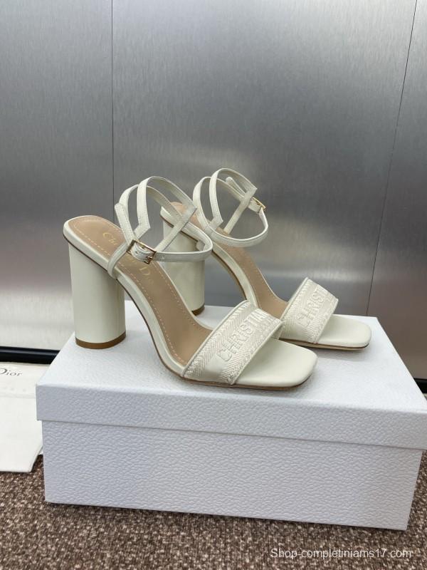 2025 Women Dior White Leather High Heel Embroidered Sandals