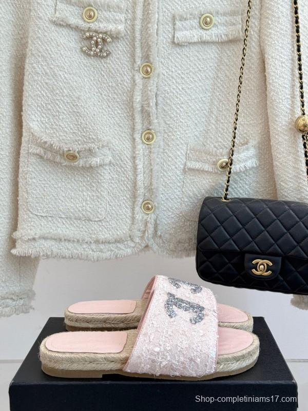 2025 Women Chanel Pink Tweed Espadrille Slide Sandals Handmade Craft KFY00240 (F)
