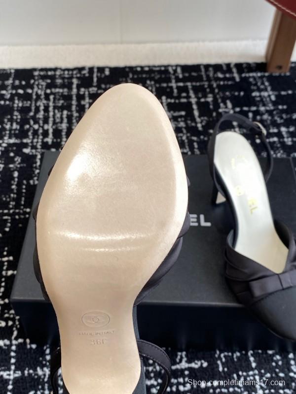 2025 Women Chanel Black Satin Leather High Heels Bow Slingback KFY00289