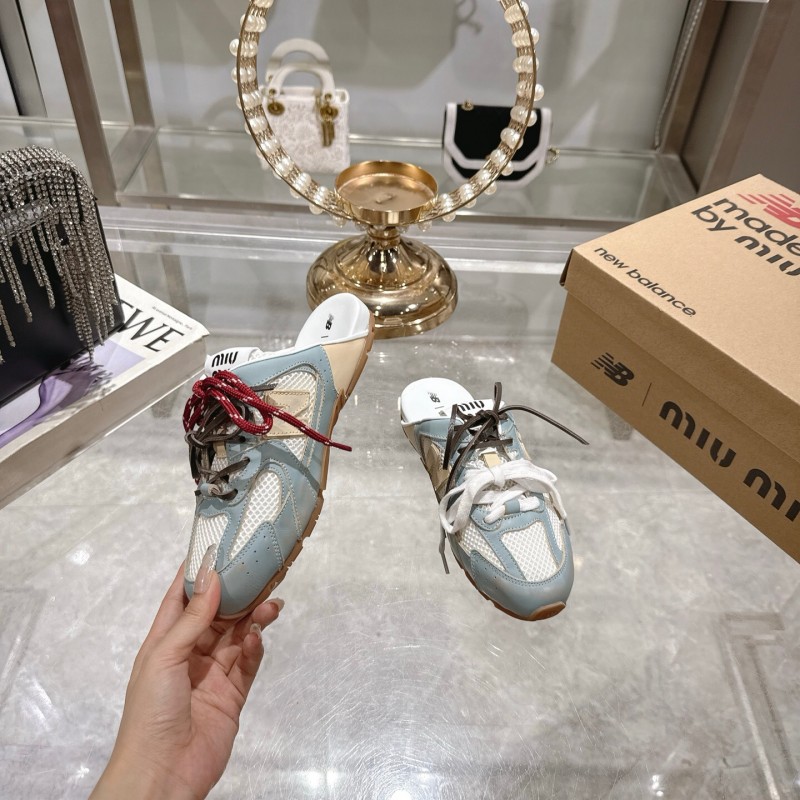 2025 Women Miu Miu Blue White Beige Leather Mesh Sneakers