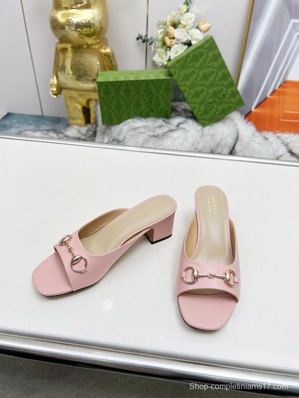 2025 Women Gucci Pink Leather Block Heel Mules MJ00180