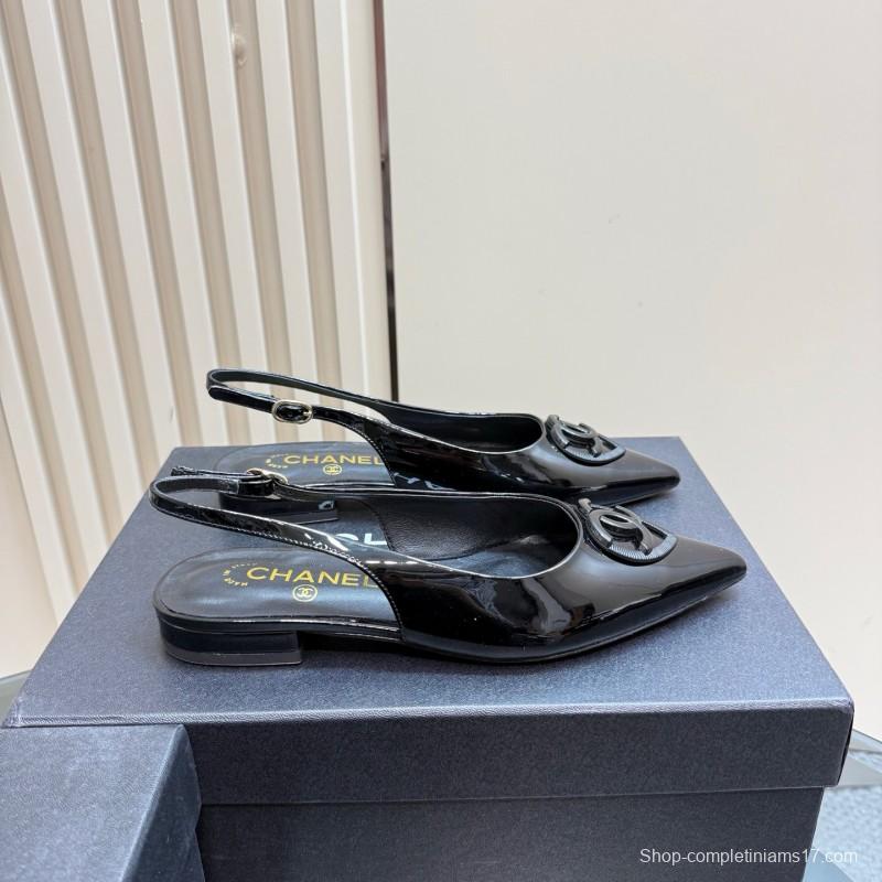 2025 Women Chanel Black Satin Leather Slingback Flats KFY00290